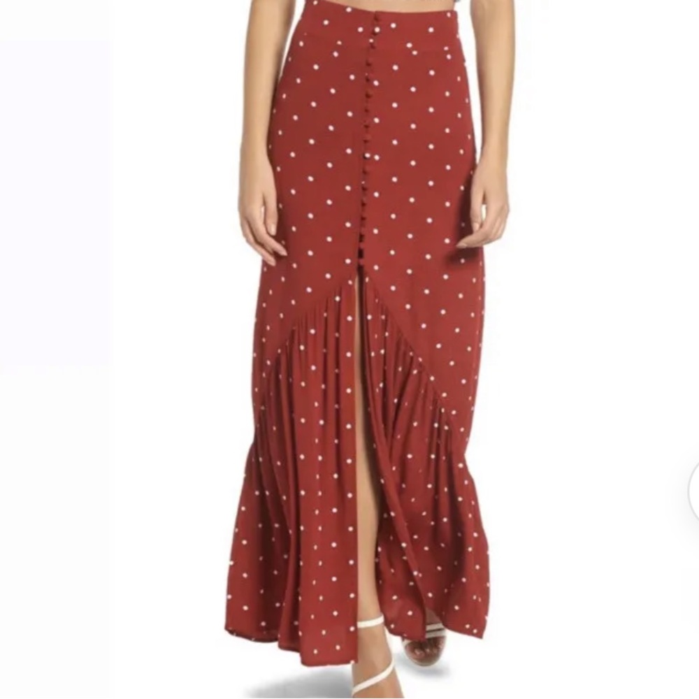 Leith red and white polka dot split front maxi skirt size XL.